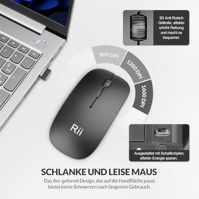 Rii Leise Tastatur Maus Set kabellos, Funktastatur mit Maus, Wireless Keyboard and Mouse, Für PC/Laptop/Windows/Smart TV, Deutsches Layout - schwarz