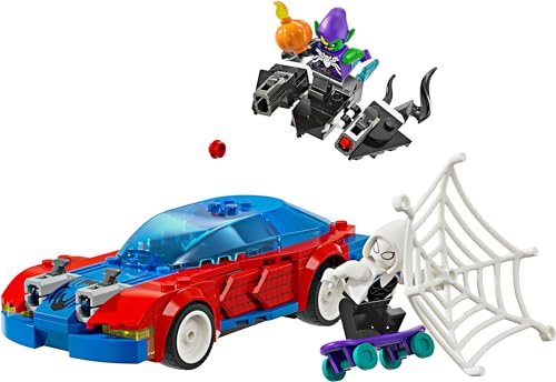 LEGO Marvel Spider-Mans Rennauto & Venom Green Goblin, Spidey-Spielzeug für Rollenspiele mit Superhelden-Figuren und baubarem Auto, Geschenk für Kinder, Jungs und Mädchen ab 7 Jahren 76279