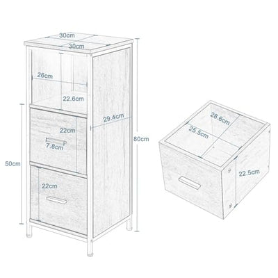 EUGAD Badezimmerschrank mit 2 abnehmbaren Schubladen, Badschrank schmal, multifunktionaler Aufbewahrungsschrank Eckschrank, Industrie Stil, mit Metallrahmen, Schwarz helle Eiche, 30x80x30 cm