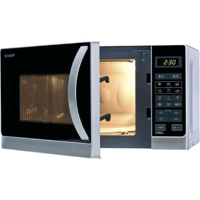Sharp R642INW 2-in-1 Mikrowelle mit Grill/ 20 L/ 800 W/ 1000 W Quarzgrill/ 8 Automatikprogramme/ Timer/ Kindersicherung/ Energiesparmodus/ Glasdrehteller (25, 5 cm)/ silber