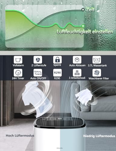 Luftentfeuchter elektrisch 20L, Dehumifer Raumentfeuchter 20L/24H aumgröße ca. 200m³ (~35 m²), Entfeuchter Digitalanzeige, Wäschetrocknung, Timer, intelligenter Feuchtigkeitsregelung, Kindersicherung