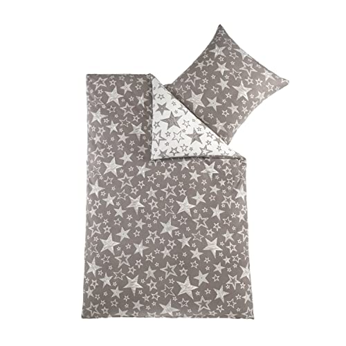 BaSaTex 135x200 Microfaser Flausch Bettwäsche Sterne grau Weiss Taupe Fleece Thermofleece 4tlg.Set