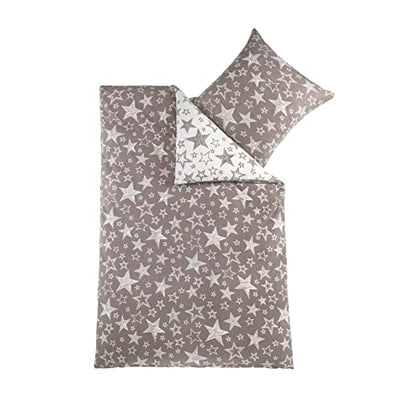 BaSaTex 135x200 Microfaser Flausch Bettwäsche Sterne grau Weiss Taupe Fleece Thermofleece 4tlg.Set