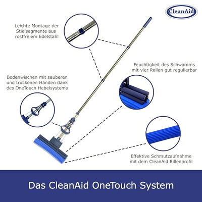 CleanAid OneTouch GO! Wischmopp, Bodenwischer, Wringmopp, Wischer mit Auswringfunktion - besonders saugstark - mit PVA Schwamm und Segmentstiel aus Edelstahl