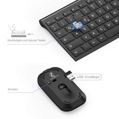 seenda Tastatur Maus Set Kabellos, Wiederaufladbare Aluminium Tastatur mit kompaktes Design, Ultradünne und Leise Funktastatur mit Maus für PC/Laptop/Smart TV, QWERTZ Layout, Schwarz