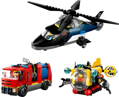 LEGO City Kombinationsset mit Hubschrauber, Löschauto und U-Boot und 3 Minifiguren - Baubare Spielzeug Fahrzeuge für Jungen und Mädchen ab 7 Jahren - Geschenk zum Geburtstag & für die Feiertage 60462