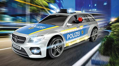 Dickie Toys Mercedes-AMG E43 Polizeiauto, Polizei, motor. Spielzeugauto, Heckklappe öffnet per Knopfdruck mit Hundegebell-Soundeffekt, inkl. Batterien, 30 cm, Silber/Blau