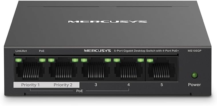 Mercusys MS105GP PoE Switch 5-Port Gigabit LAN Switch mit 4 PoE+ Ports (65 Watt, IEEE-802.3af/at PoE, lüfterlos, Plug-and-Play, Robustes Metallgehäuse)