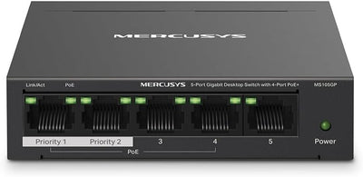 Mercusys MS105GP PoE Switch 5-Port Gigabit LAN Switch mit 4 PoE+ Ports (65 Watt, IEEE-802.3af/at PoE, lüfterlos, Plug-and-Play, Robustes Metallgehäuse)