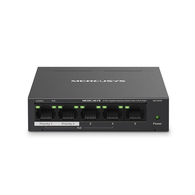 Mercusys MS105GP PoE Switch 5-Port Gigabit LAN Switch mit 4 PoE+ Ports (65 Watt, IEEE-802.3af/at PoE, lüfterlos, Plug-and-Play, Robustes Metallgehäuse)