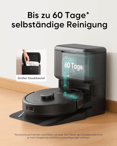 eufy L60 Saugroboter mit Absaugstation, Ultra Starke 5.000Pa Saugkraft, Anti-Haar-Verwicklung, Absaugstation 60 Tage ohne Leeren, iPath-Laser-Navigation(Generalüberholt)