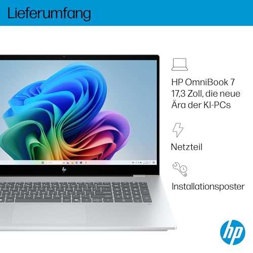 HP OmniBook 7 Next Gen AI PC, Copilot+ PC, 17.3 Zoll FHD Touch Display, Intel Core Ultra 7 258V (47 Tops), 32GB LPDDR5x RAM, 1TB PCIe Gen4 SSD, Intel Arc 140 V GPU, QWERTZ, Windows 11, Silber