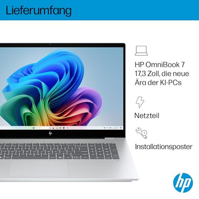 HP OmniBook 7 Next Gen AI PC, Copilot+ PC, 17.3 Zoll FHD Touch Display, Intel Core Ultra 7 258V (47 Tops), 32GB LPDDR5x RAM, 1TB PCIe Gen4 SSD, Intel Arc 140 V GPU, QWERTZ, Windows 11, Silber