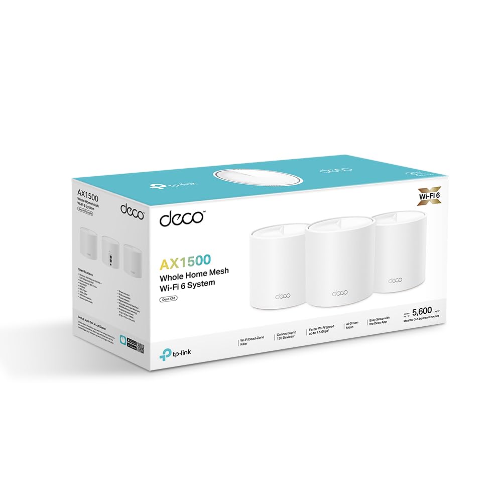 TP-Link Deco X1500 Mesh WLAN Set (3 Pack), 𝐖𝐢-𝐅𝐢 𝟔 AX1500 Dual Band Router & Repeater, 2X Gigabit Ports für Jede Einheit, für Häuser mit 4-5 Schlafzimmern, Umfassender Jugendschutz, WPA3