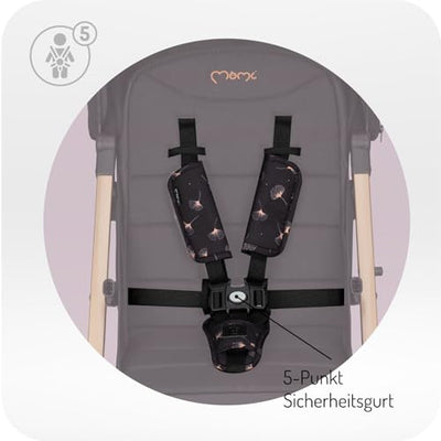 MoMi ESTELLE PLUS LIGHT Kinderwagen ab 6. Monat (bis 22 kg), klappbarer Buggy mit 5-Punkt-Sicherheitsgurt, Einkaufskorb und Liegefunktion, Teleskop-Stange zum Ziehen, steht nach dem Zusammenklappen