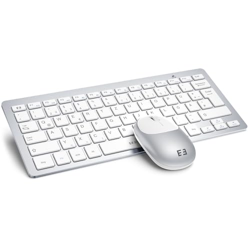 seenda Funktastatur mit Maus, Kleine Tastatur Maus Set kabellos mit USB Empfänger für PC/Laptop/Desktop/TV, Ultradünne 70% Tastatur mit QWERTZ Layout, Weiß & Silber