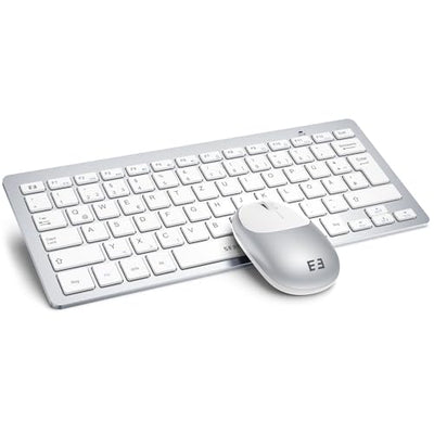 seenda Funktastatur mit Maus, Kleine Tastatur Maus Set kabellos mit USB Empfänger für PC/Laptop/Desktop/TV, Ultradünne 70% Tastatur mit QWERTZ Layout, Weiß & Silber