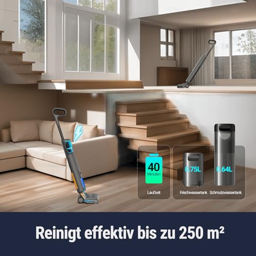 OSOTEK H200 Pro Wischsauger, 180° Flacher Saugwischer mit 58℃ Bürste Heißlufttrocknung, kabelloser Nass Trockensauger, 2 Seite Kantenreinigung, LED-Anzeige, Selbstreinigung mit 2-Richtungrotation
