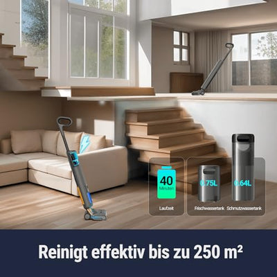 OSOTEK H200 Pro Wischsauger, 180° Flacher Saugwischer mit 58℃ Bürste Heißlufttrocknung, kabelloser Nass Trockensauger, 2 Seite Kantenreinigung, LED-Anzeige, Selbstreinigung mit 2-Richtungrotation