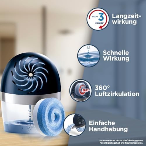 Pattex AERO 360º Luftentfeuchter, ultra-absorbierender Raumentfeuchter, hilft Kondenswasser, Schimmel- und Modergeruch zu vermeiden, nachfüllbarer Raumluftentfeuchter, 1 Gerät inkl. 1 Nachfülltab 450g