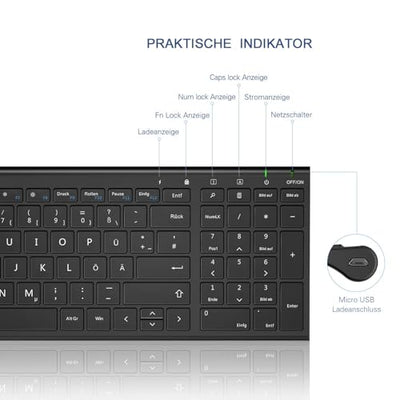 seenda Tastatur Maus Set Kabellos, Wiederaufladbare Aluminium Tastatur mit kompaktes Design, Ultradünne und Leise Funktastatur mit Maus für PC/Laptop/Smart TV, QWERTZ Layout, Schwarz