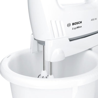 Bosch Handrührer MFQ36460, Handrührgerät, Rührschüssel Plus Halterung, 2 Rührbesen, 2 Edelstahl-Knethaken, 450 W, WeiÃŸ
