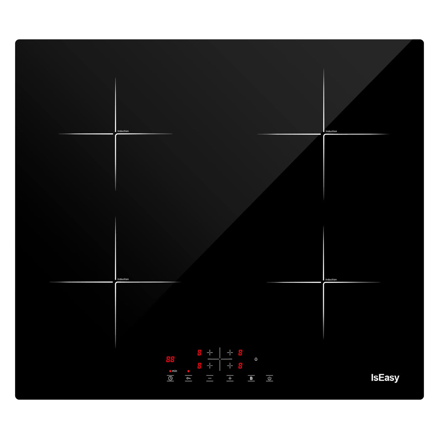 IsEasy 4 Zonen Einbau Induktionskochfeld mit 9 Leistungsstufen &1-99Min Timer, Boost-Funktion, Induktionskochplatte, Induktion Herdplatte mit 4 Platten, 60cm, 6800W, Schwarz