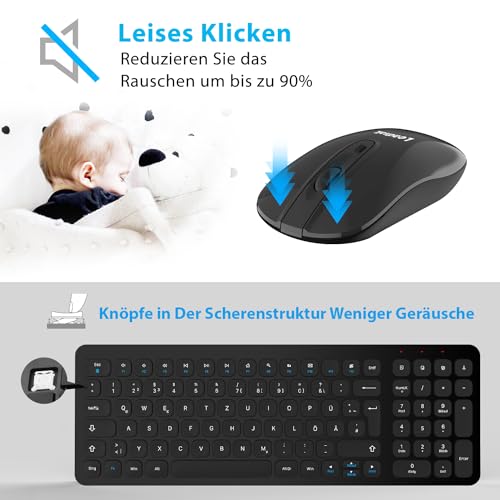 Kabellose Tastatur und Maus, LeadsaiL Tastatur Maus Set Kabellos, Flüsterleiser Tastenanschlag, 2.4 GHz QWERTZ Deutsches Layout mit 2-in-1 USB Nano Empfänger, für PC, Desktop, Laptop, Windows, Mac