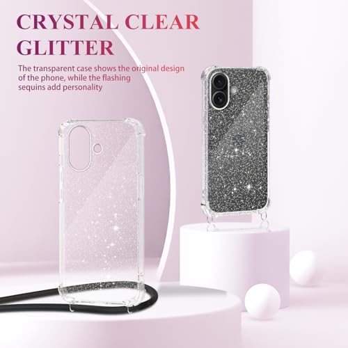 Tikgue Handykette für iPhone 16 Hülle mit Band, Handyhülle mit Kordel zum Umhängen Schutzhülle mit Kette Glitzer Transparent Weich TPU Silikon Bumper - Schwarz
