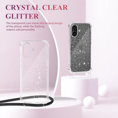 Tikgue Handykette für iPhone 16 Hülle mit Band, Handyhülle mit Kordel zum Umhängen Schutzhülle mit Kette Glitzer Transparent Weich TPU Silikon Bumper - Schwarz