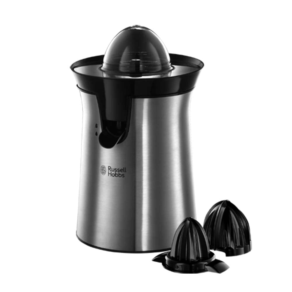 Russell Hobbs Orangenpresse & Zitruspresse elektrisch [links-& rechtsrotierend, 2 Presskegel für Zitronen/Orangen] Edelstahl (Tropf-Stopp-Funktion, spülmaschinenfest, BPA-frei) Saftpresse 22760-56