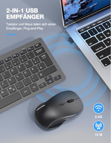 TECKNET Kabelloses Tastatur Maus Set, Deutsch QWERTZ Layout, 2.4 GHz Funk Mini Tastatur Mouse, 15m Reichweite Verbindung, Wireless Leise Funktastatur mit Maus für PC, Laptop, Smart TV, Grau