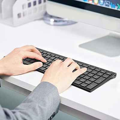 iClever Kabellose Tastatur, wiederaufladbare 2,4 GHz Funk Tastatur, Deutsches QWERTZ Layout, für Computer/Desktop/PC/Laptop/Chrome OS und Windows 10/8/7, Schwarz