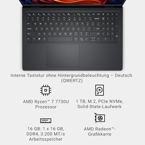 Dell 15 Laptop DC15255 15.6" FHD (1920 x 1080) 120Hz, AMD Ryzen 7 7730U, AMD Radeon Graphics, 16GB DDR4 RAM, 1TB SSD, Windows 11 Home, QWERTZ Backlit Keyboard - Black