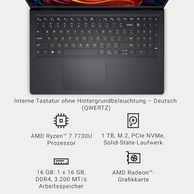 Dell 15 Laptop DC15255 15.6" FHD (1920 x 1080) 120Hz, AMD Ryzen 7 7730U, AMD Radeon Graphics, 16GB DDR4 RAM, 1TB SSD, Windows 11 Home, QWERTZ Backlit Keyboard - Black