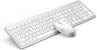 Tastatur Maus Set Kabellos, seenda Ultra-Dünne Wiederaufladbare Funktastatur, Ergonomische Keyboard Mouse mit Silikon Staubschutz für PC/Laptop/Smart TV, QWERTZ Layout Weiß und Silber