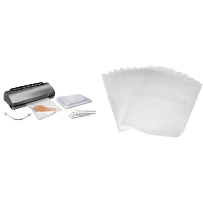 Caso VC 10 Plus Edition - inkl. großem Zubehör Set, 30 cm Schweißnaht, variable Vakuumstärke, Vakuumpumpe 9 L/min, grau, silber, 1er Pack & Amazon Basics Vakuumierbeutel 22cm x 30 cm, 50 Stück