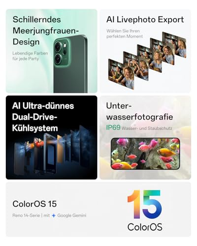 OPPO Reno14 FS 5G 12+512GB, AI Android Smartphone (Freigeschaltet), 6,57" 120Hz AMOLED Display, 50+32MP AI Kamera, 6000mAh Akku, IP69 Wasserschutz, Luminous Green (inkl. 45W SUPERVOOC Ladegerät)