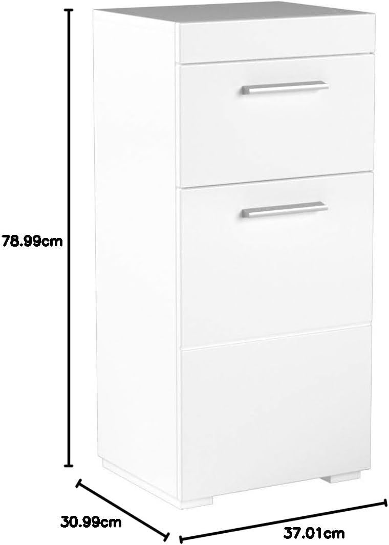 trendteam smart living - Amanda - Kommode - Weiß Hochglanz - Standschrank - (BxHxT) 37 x 79 x 31 cm - Badschrank mit 1 Tür und 1 Schublade - silberfarbene Griffe - universal einsetzbar
