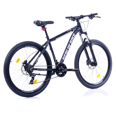BERLIN BIKE Mountainbike MTB1 – mit komplettem Shimano Set - 21 Gang Shimano FD-TZ500/RD-TY300D, Dacron Hydraulische Scheibenbremsen (Schwarz-Silber, 27,5 Zoll und 51 cm Rahmenhöhe)