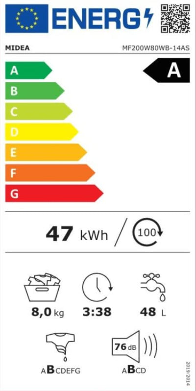 Midea MF200W80WB-14AS Waschmaschine/8KG /Energieeffizienzklasse A/Mengenautomatik/Steam Care/Nachlegefunktion / 1400 U/min/Zeitsparen - Turbo Wash/nur 48 cm tief/APP-Steuerung, AquaStop, Weiß