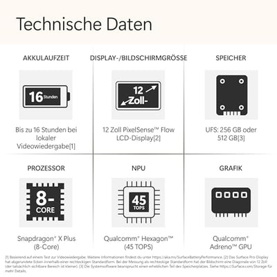 Microsoft Surface Pro | Copilot+ PC | 12” LCD Touchscreen | Snapdragon® X Plus | 16GB RAM | 512GB Speicher | Neuestes Modell | Platin