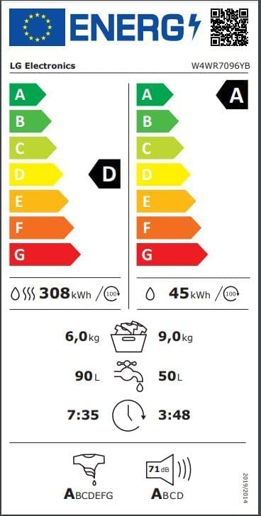 LG W4WR7096YB, Klasse D, Frontlader-Waschtrockner 9 - 6 kg, 62 x 60 x 85 cm, Wi-Fi, AI Direct Drive, Tiefenreinigung mit Dampf, TurboWash 360, Große Kapazität, Außentür aus gehärtetem Glas, Weiß