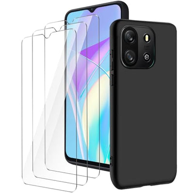 LYZXMY Hülle für Blackview Oscal Flat 1C(6.56") Schwarz Handyhülle + 3 Stück Gehärtetes Glas Schutzfolie, Case Weich Silikon TPU Schutzhülle Cover 9H Härte HD Gehärtetes Glasfolie Glas