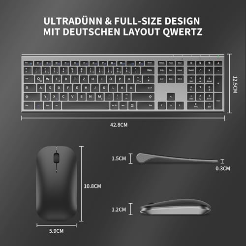 Kabelloses Tastatur Maus Set, seenda 2.4G Ultraflach Wireless Tastatur und Maus Aufladbar aus Aluminium, Deutsch QWERTZ Funktastatur Dünn für Windows/PC, Computer, Laptop, Smart-TV, Grau und Schwarz