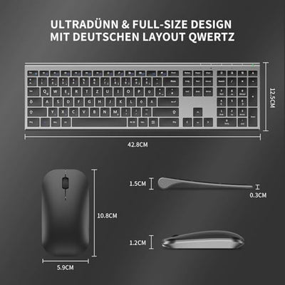 Kabelloses Tastatur Maus Set, seenda 2.4G Ultraflach Wireless Tastatur und Maus Aufladbar aus Aluminium, Deutsch QWERTZ Funktastatur Dünn für Windows/PC, Computer, Laptop, Smart-TV, Grau und Schwarz