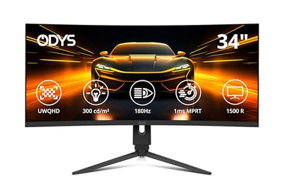 ODYS Gaming Monitor XP34 PRO-X - 34 Zoll (86 cm), Curved (1500R), 180 Hz, UWQHD (3.440x1.440 px), 1ms Reaktionszeit, HDR, FreeSync/G-Sync komp., Eye Care, HDMI, DP, 3,5mm Audio