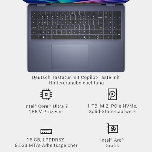 Dell 16 Plus 2-in-1 Laptop Copilot+ DB06250 – 16" 2.5K (2560 x 1600) Touch, HDR600, Intel Core Ultra 7 Series 2, 16GB LPDDR5X, 1TB SSD, Windows 11 Home, FHD-Kamera, QWERTZ-Tastatur, Indigo Blau