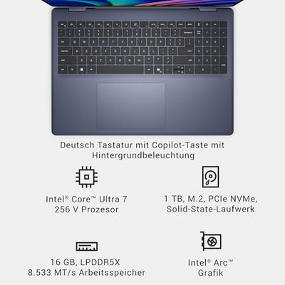 Dell 16 Plus 2-in-1 Laptop Copilot+ DB06250 – 16" 2.5K (2560 x 1600) Touch, HDR600, Intel Core Ultra 7 Series 2, 16GB LPDDR5X, 1TB SSD, Windows 11 Home, FHD-Kamera, QWERTZ-Tastatur, Indigo Blau