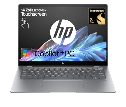 HP OmniBook X Next Gen AI Laptop | Qualcomm Snapdragon X Elite X1E-78-100 (12C) mit dedizierte NPU für KI | 45 NPU TOPS | Copilot+ PC | 14" 2,2K Touchscreen | 16 GB RAM | 1TB SSD | Win11 | Silber
